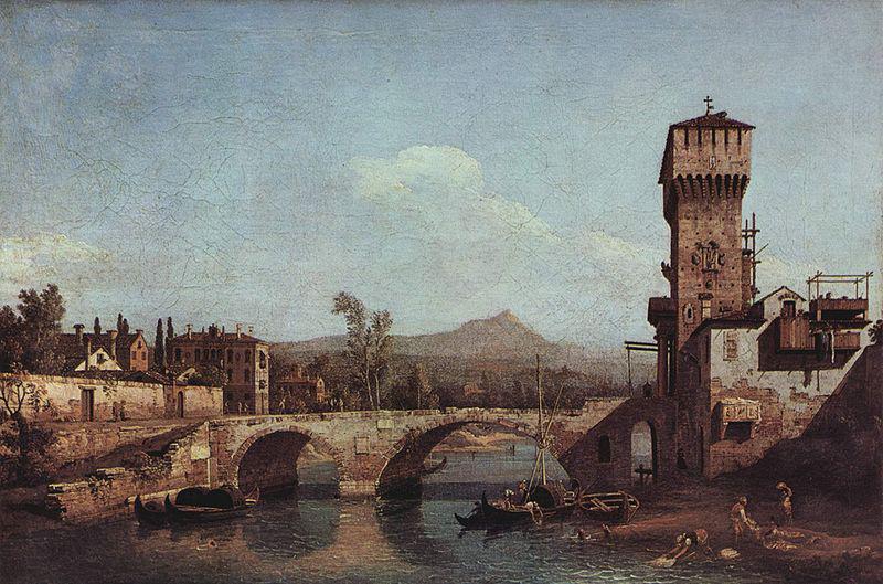 Bernardo Bellotto Capriccio Veneto, Flub, Brucke und mittelalterliches Stadttor oil painting image